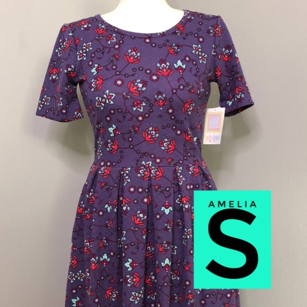 NWT LuLaRoe Amelia Dress, Purple with bright red and mint floral, Size Small